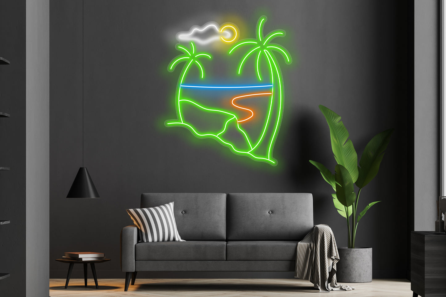Two Palms Beach Custom Neon LED Sign featuring glowing palm trees on a beach, ideal for tropical and beach-themed decor.