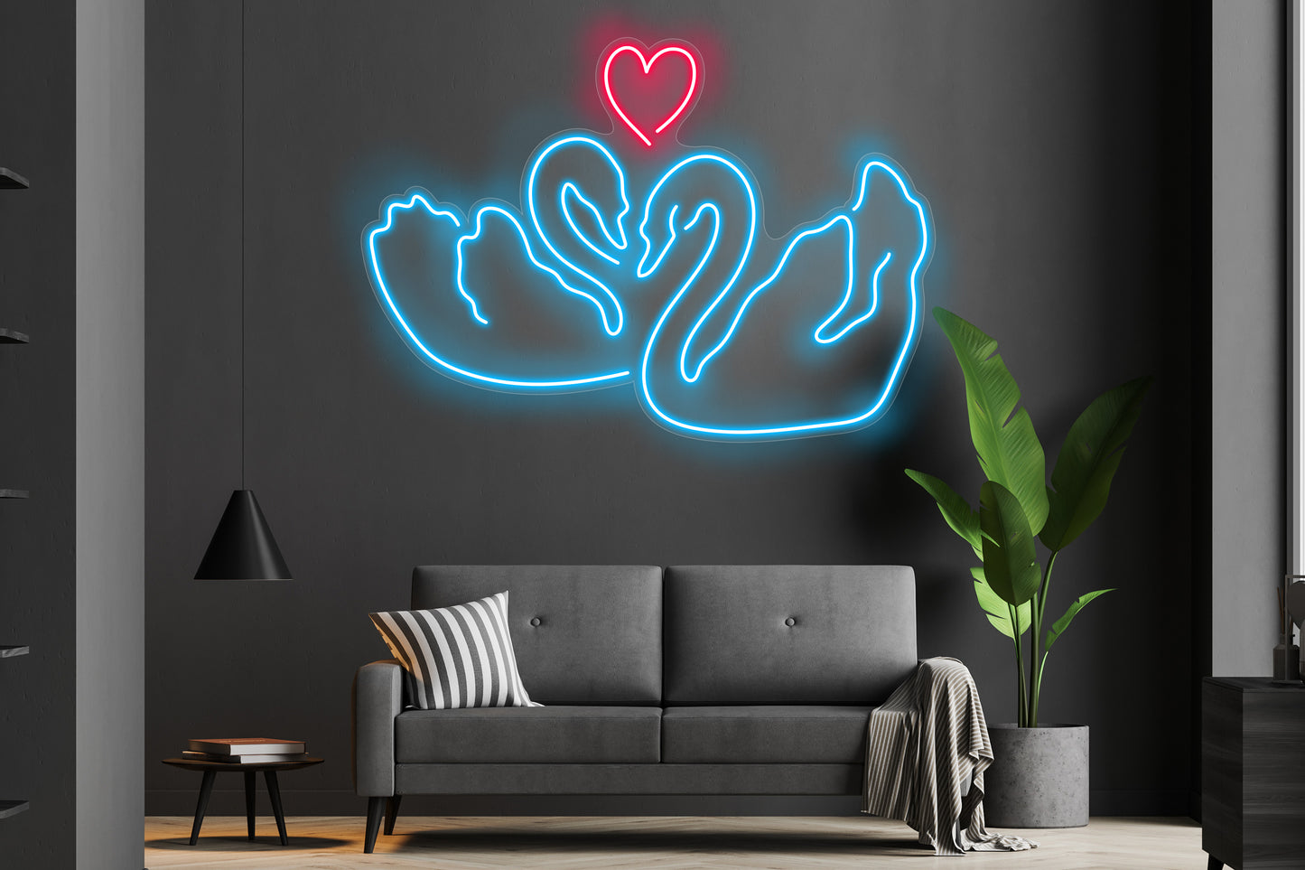 Two Swans Custom Neon LED Sign featuring a glowing design of two swans forming a heart, ideal for romantic decor and special occasions