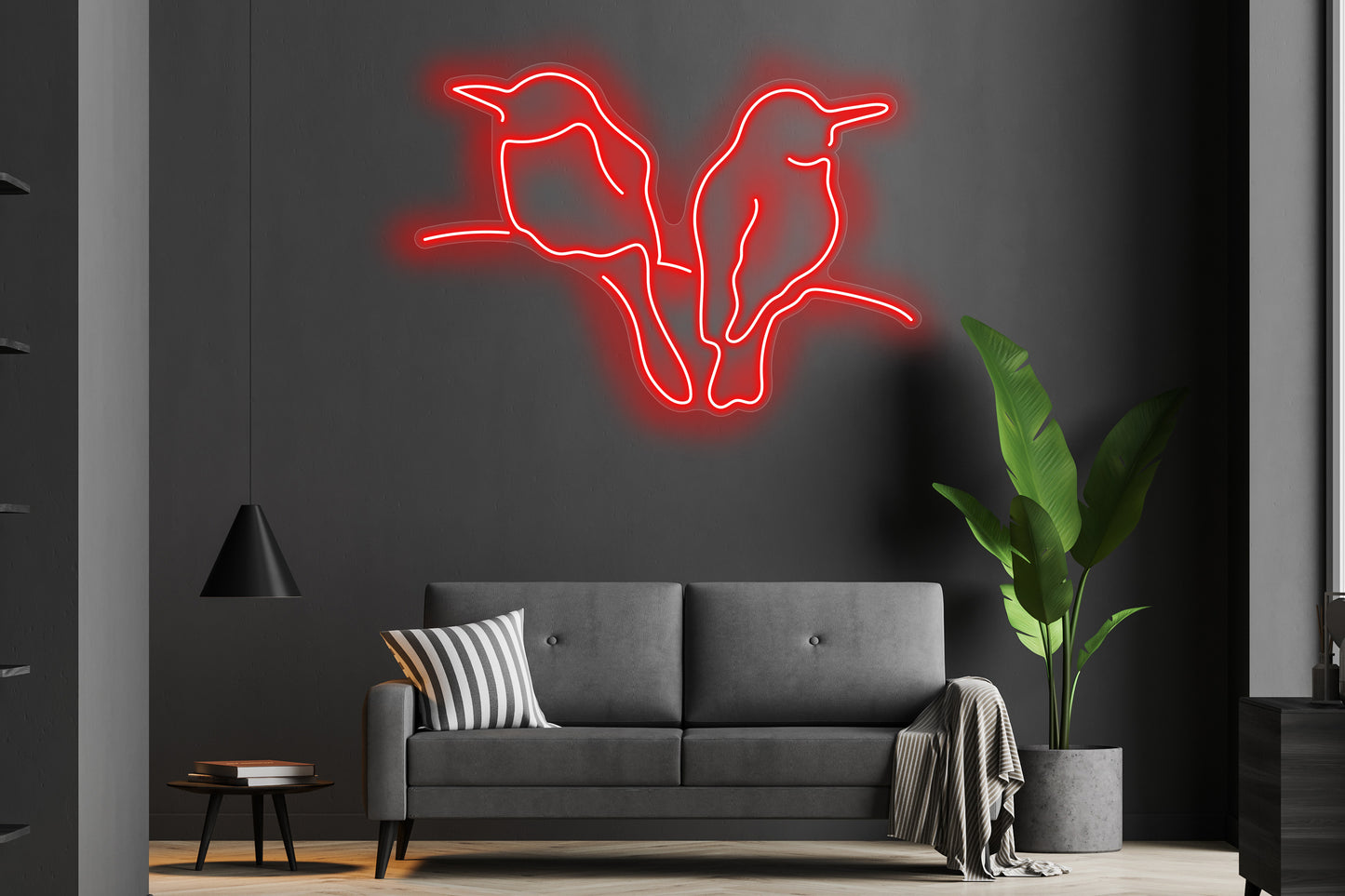 Two Birds Custom Neon LED Sign featuring a glowing pair of birds, ideal for nature-inspired decor and romantic settings.