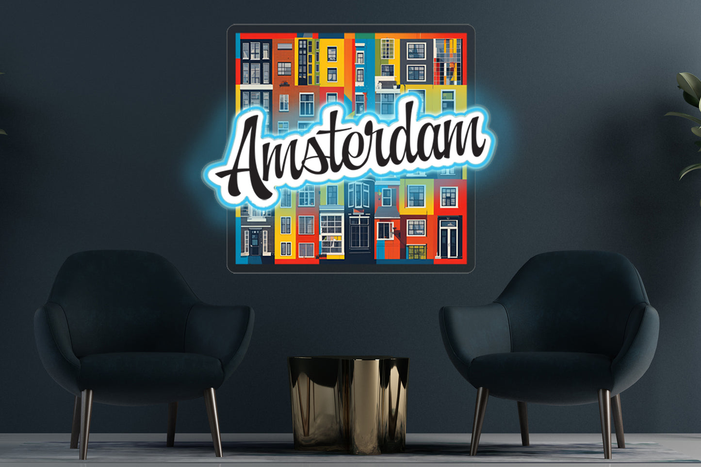 Amsterdam custom neon LED sign with vibrant lights and an artistic cityscape background, perfect for travel enthusiasts, modern decor, or creating a European-inspired ambiance