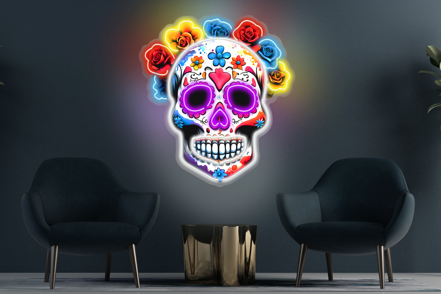 Candy Skull with Flowers' custom neon LED sign featuring a vibrant and artistic design, perfect for Day of the Dead decor, events, or bold spaces.