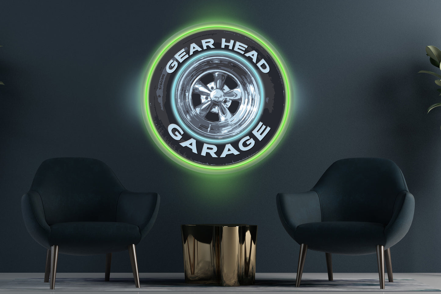Gear Head Garage Wheel custom neon LED sign with bold, vibrant lights, perfect for automotive enthusiasts or garage decor
