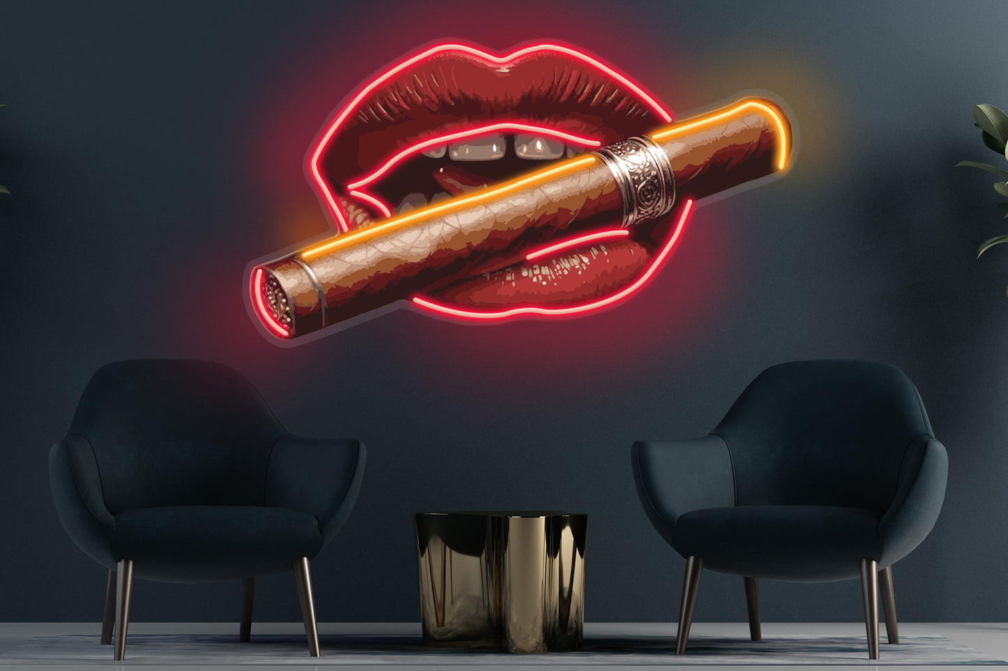 Luscious lips with cigar custom neon LED sign featuring a bold, vibrant design, perfect for a glamorous or vintage-themed decor.