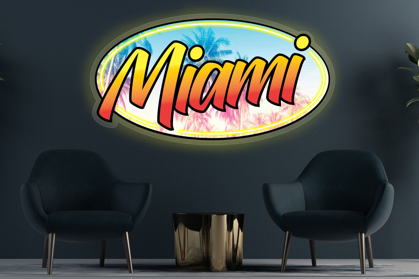 City of Miami' custom neon LED sign featuring a vibrant and tropical design, perfect for showcasing Miami pride in homes, offices, or event spaces.