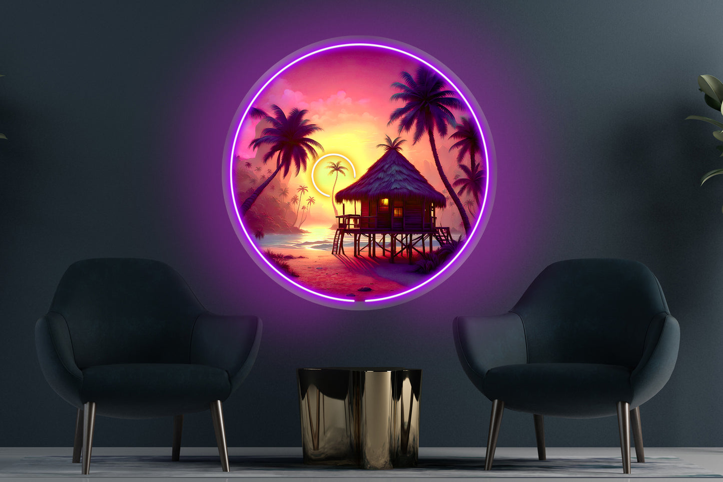 Tropical Hut with Palm Trees Custom Neon LED Sign featuring a glowing hut and palm tree design, ideal for tropical decor and island-inspired spaces.