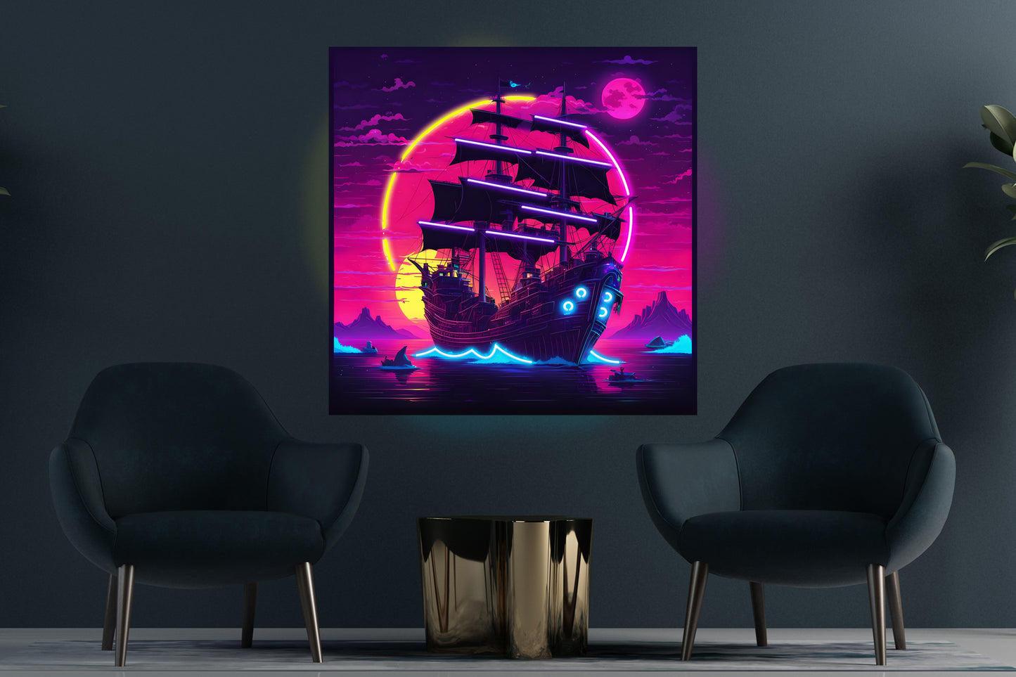 Pirate Ship Dark Mode Custom Neon LED Sign featuring a bold pirate ship design with dark accents, ideal for nautical decor and themed spaces.