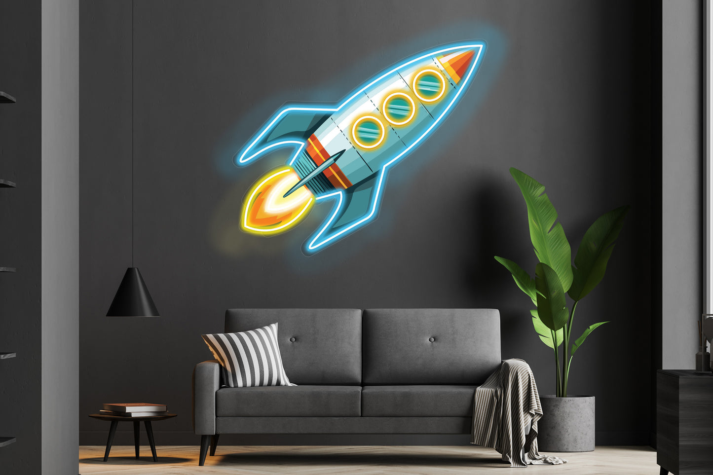 Retro Rocket Custom Neon LED Sign with a vintage rocket design, perfect for space-themed decor and retro-inspired spaces.
