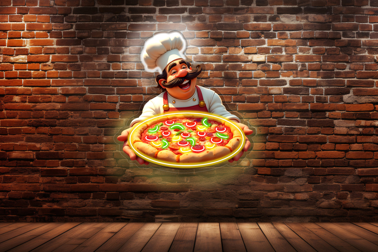 Smiling Pizza Chef Custom Neon LED Sign featuring a happy chef holding a pizza, ideal for restaurant decor and food-themed spaces