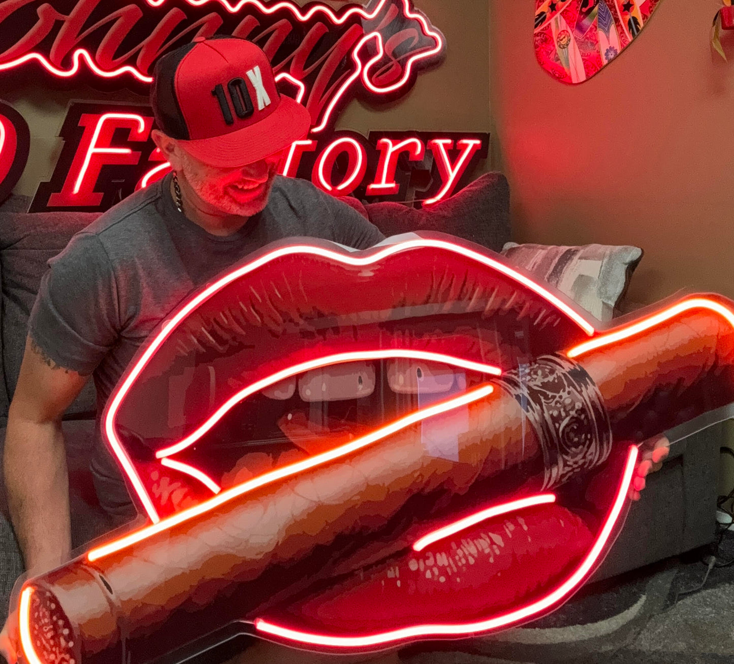 Luscious lips with cigar custom neon LED sign featuring a bold, vibrant design, perfect for a glamorous or vintage-themed decor.