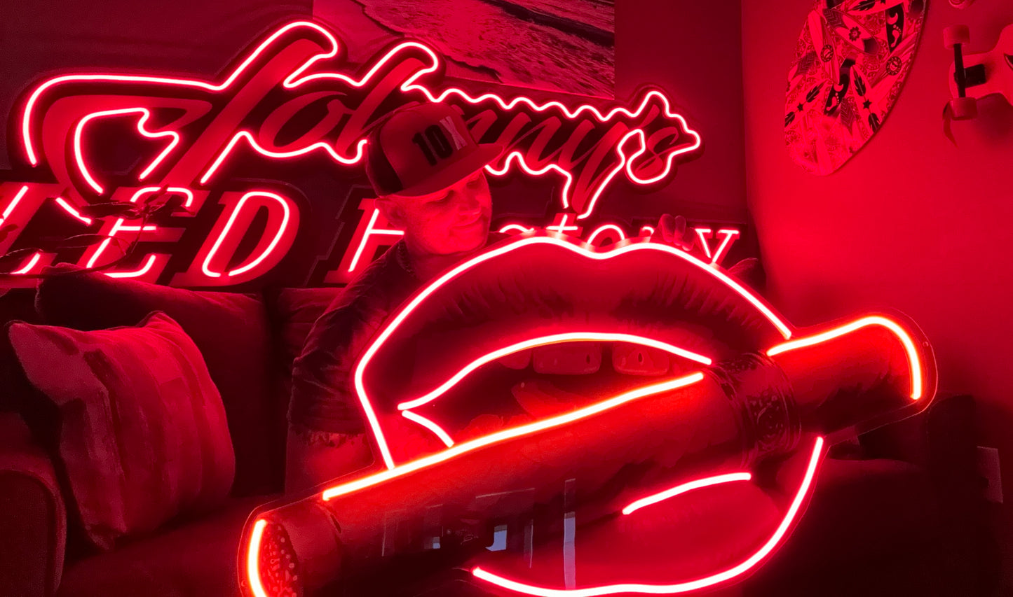 Luscious lips with cigar custom neon LED sign featuring a bold, vibrant design, perfect for a glamorous or vintage-themed decor.