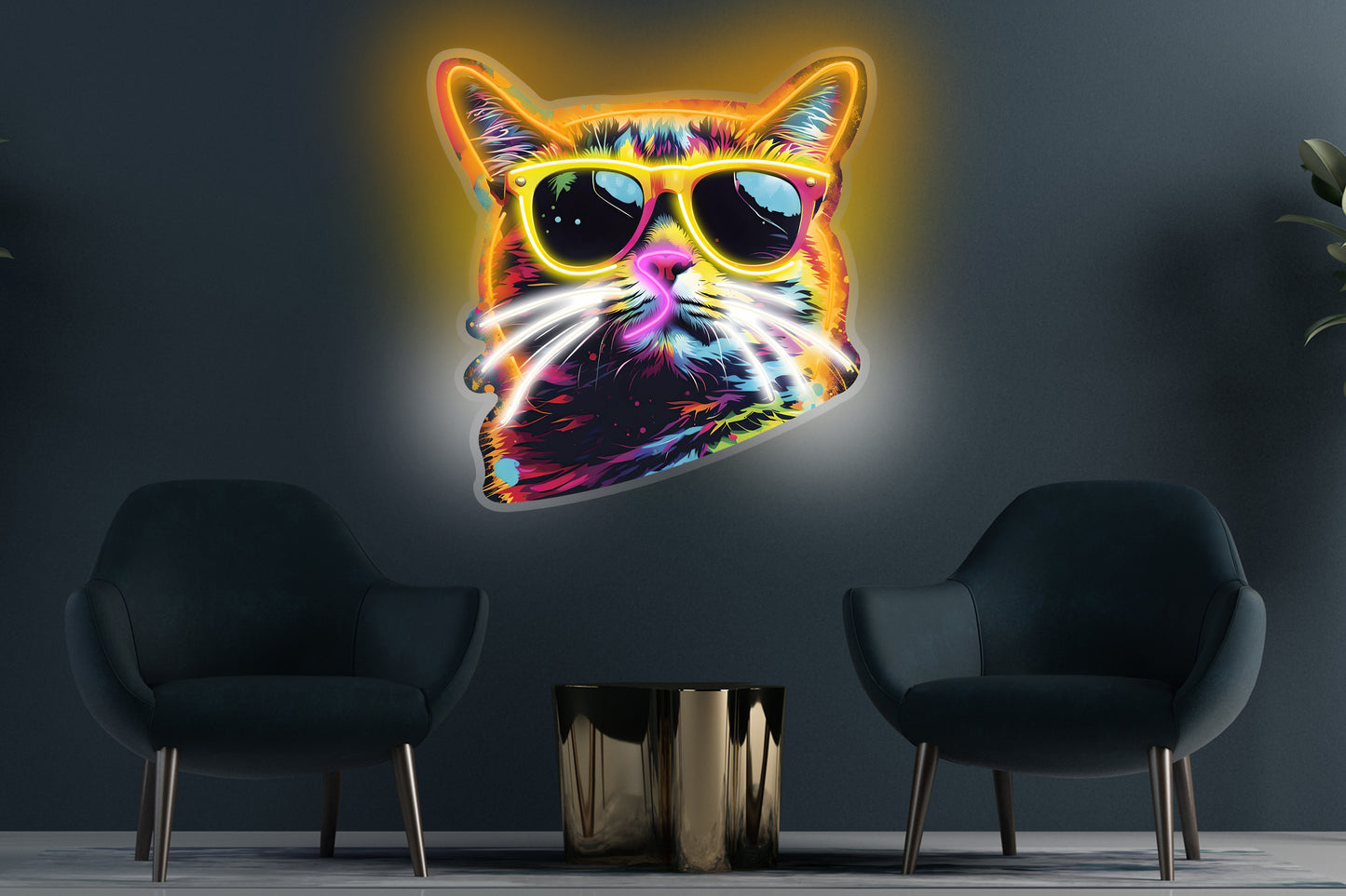 Cool cat with sunglasses custom neon LED sign featuring vibrant colors, perfect for playful home or business decor.