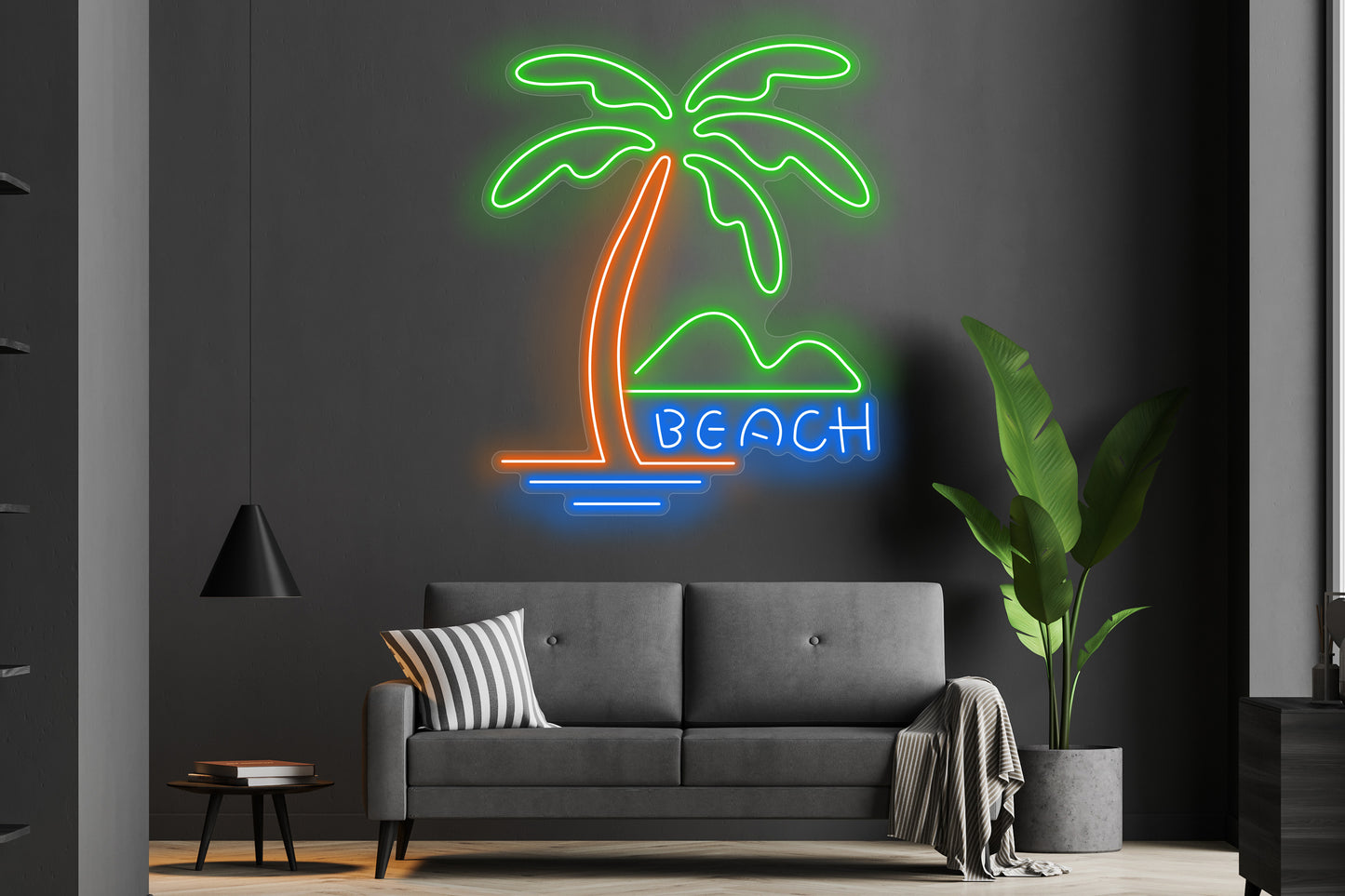 Beach Palm Tree' custom neon LED sign with vibrant tropical palm tree design, perfect for beach-themed decor, patios, or relaxation spaces.
