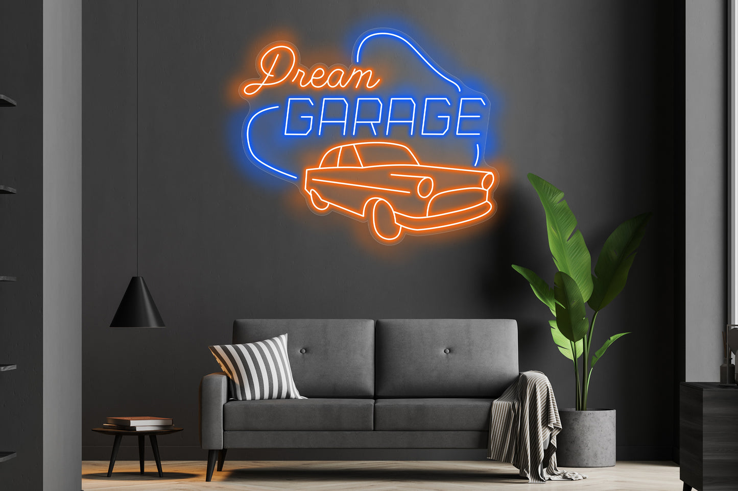 Dream Garage custom neon LED sign with bold, vibrant lights, perfect for garage, man cave, or automotive-themed decor.