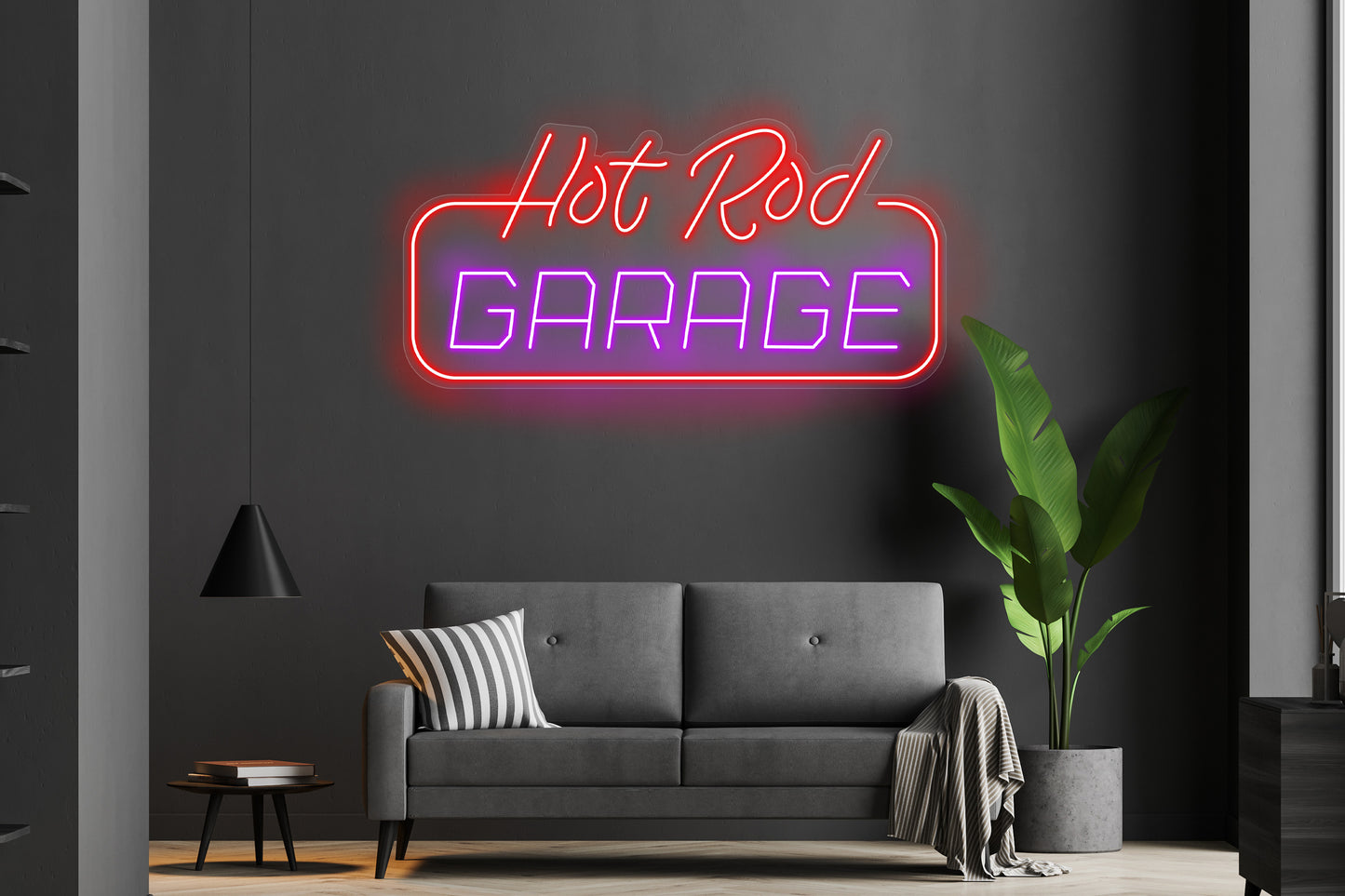 Hot Rod Garage custom neon LED sign with bold, vibrant lights, perfect for automotive enthusiasts or garage decor.