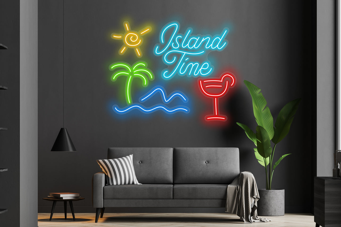 Island Time custom neon LED sign with vibrant glowing lights, perfect for tropical-themed decor, bars, or beach-inspired spaces."