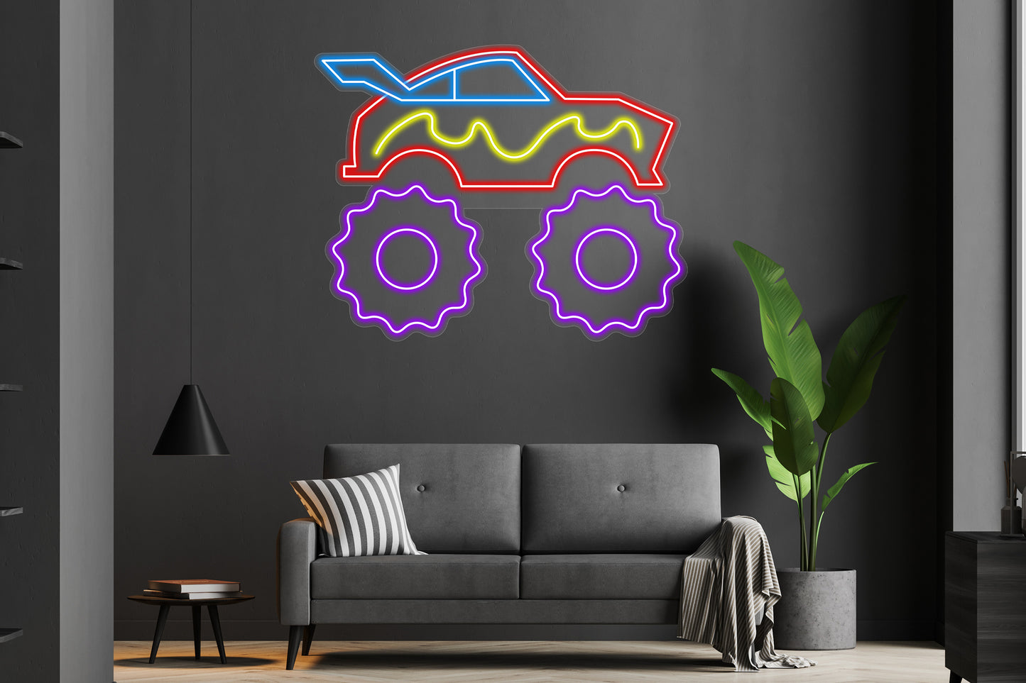 Monster car custom neon LED sign with vibrant glowing lights, perfect for car enthusiasts, garages, or automotive-themed decor.