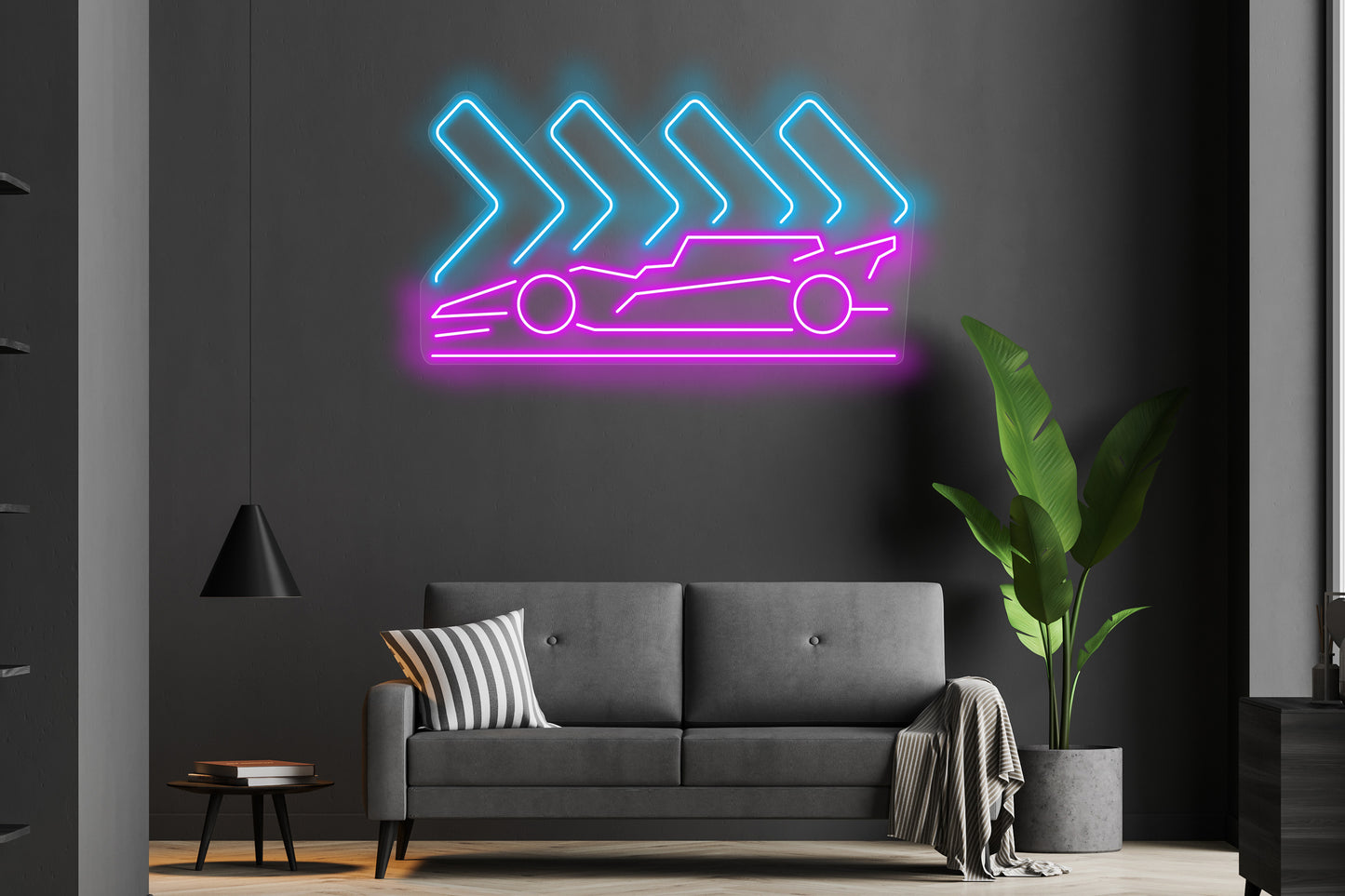 Racecar with Arrows Custom Neon LED Sign featuring a sleek racecar and dynamic arrow design, ideal for motorsport fans and automotive-themed decor