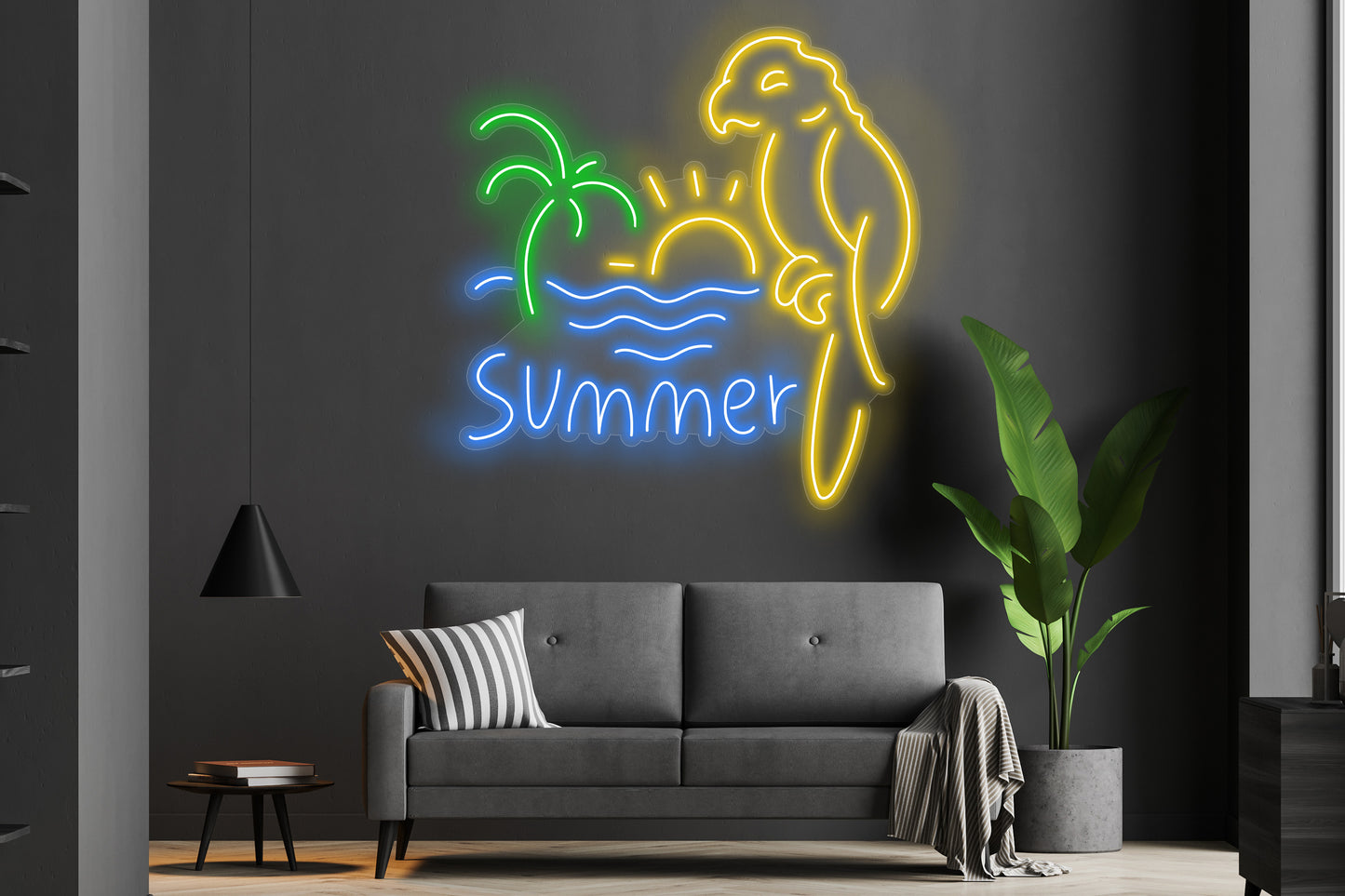 Summer Parrot Custom Neon LED Sign featuring a colorful tropical parrot design, ideal for beach-themed decor and tropical spaces.