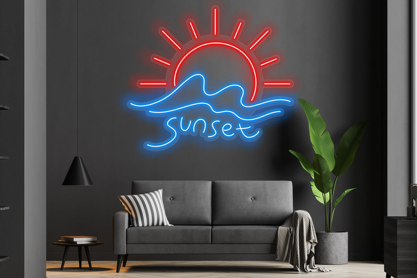 Sunset Waves Custom Neon LED Sign featuring a glowing wave and sunset design, ideal for beach-inspired decor and tropical spaces