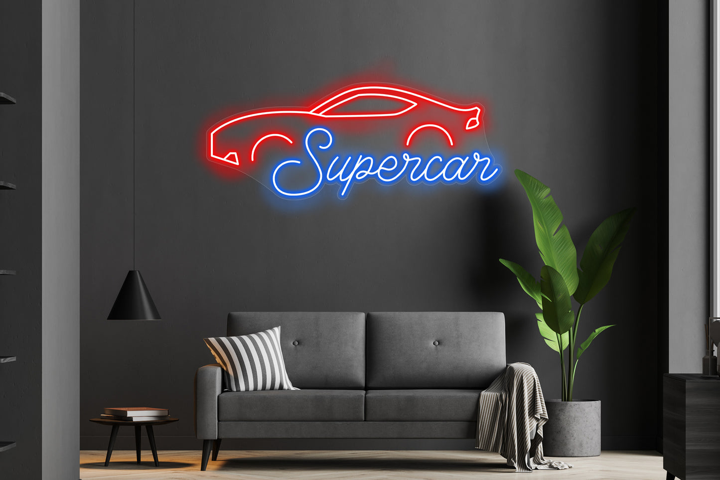 Supercar Custom Neon LED Sign featuring a glowing supercar design, ideal for automotive enthusiasts and high-performance decor.