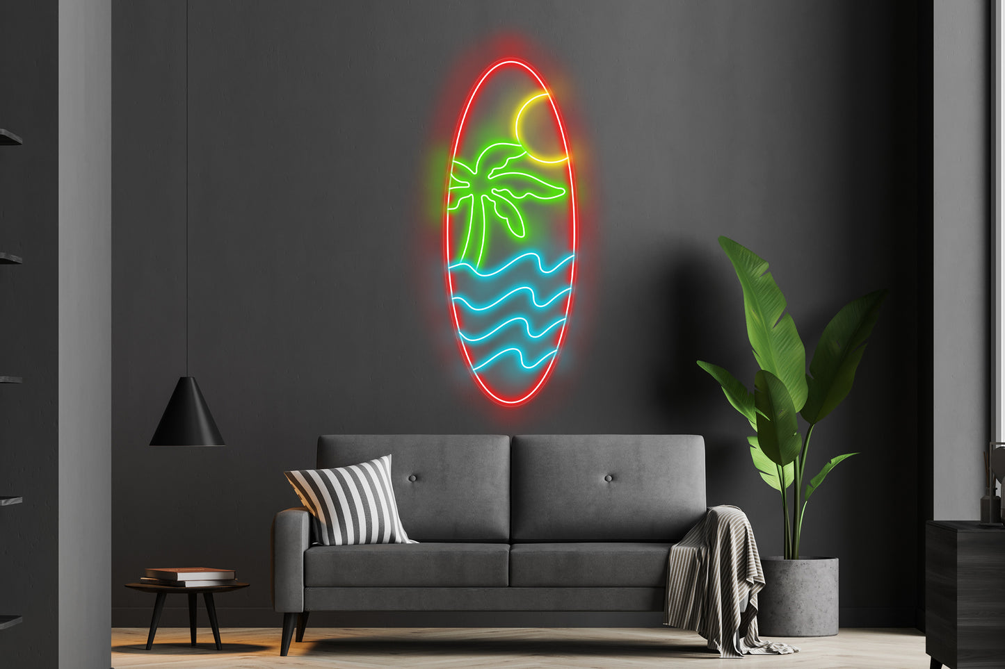 Palm Tree Surfboard Custom Neon LED Sign featuring a tropical beach theme, perfect for home decor, bars, and surfing enthusiasts.