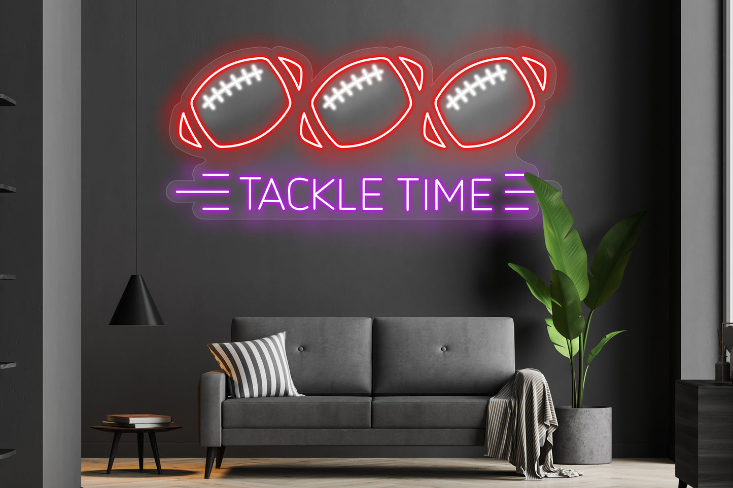 Football Tackle Time custom neon LED sign with bold, vibrant lights, perfect for sports fans or game day decor