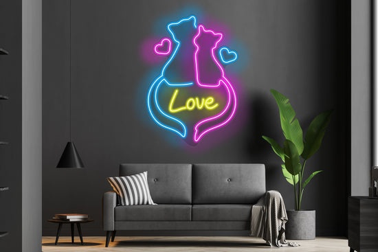 Two Love Cats Custom Neon LED Sign featuring a glowing design of two cats with a heart motif, ideal for pet-themed and romantic decor.