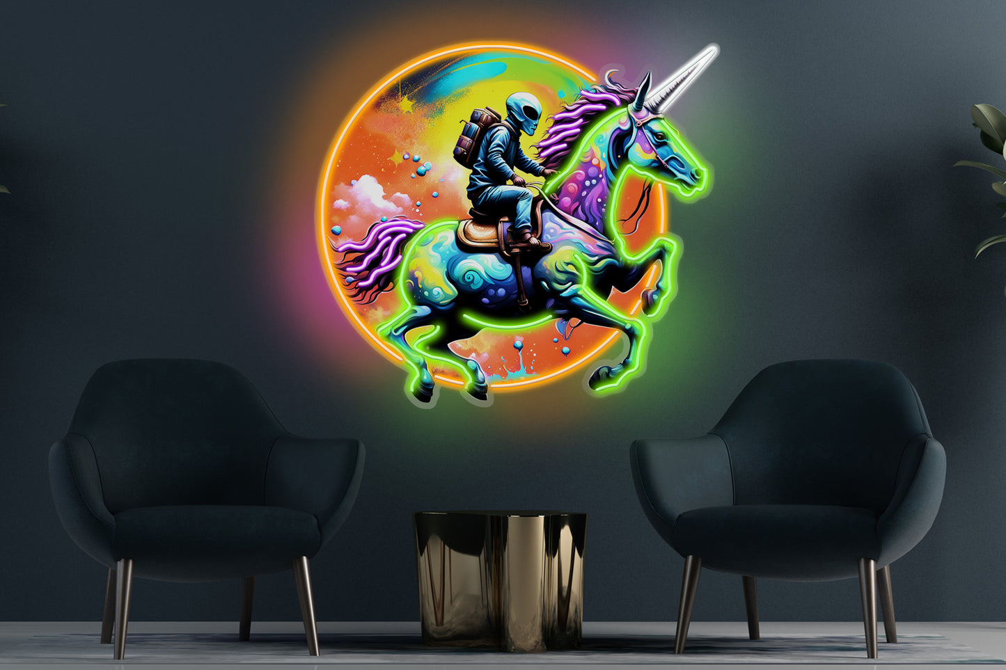 Alien chevauchant un signe LED personnalisé de licorne