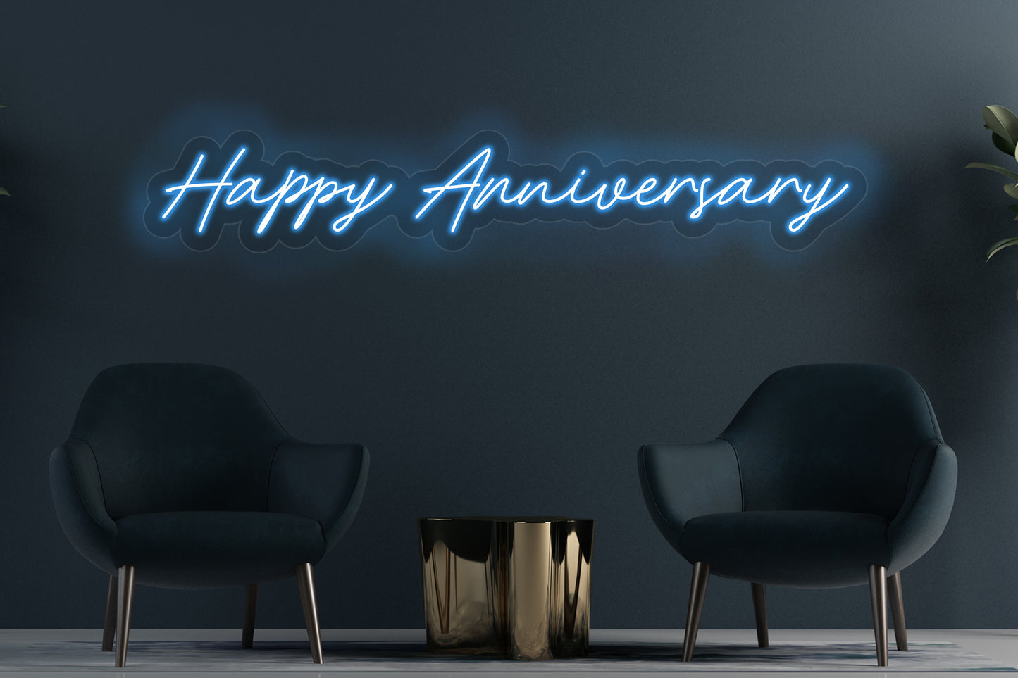 Happy Anniversary custom neon LED sign with glowing, vibrant lights, perfect for celebrations, weddings, or romantic decor.