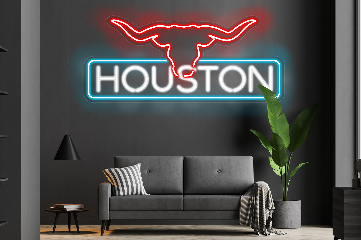 'City of Houston with Longhorn' custom neon LED sign featuring a bold and vibrant design, perfect for showcasing Texas pride in homes, businesses, or event spaces.