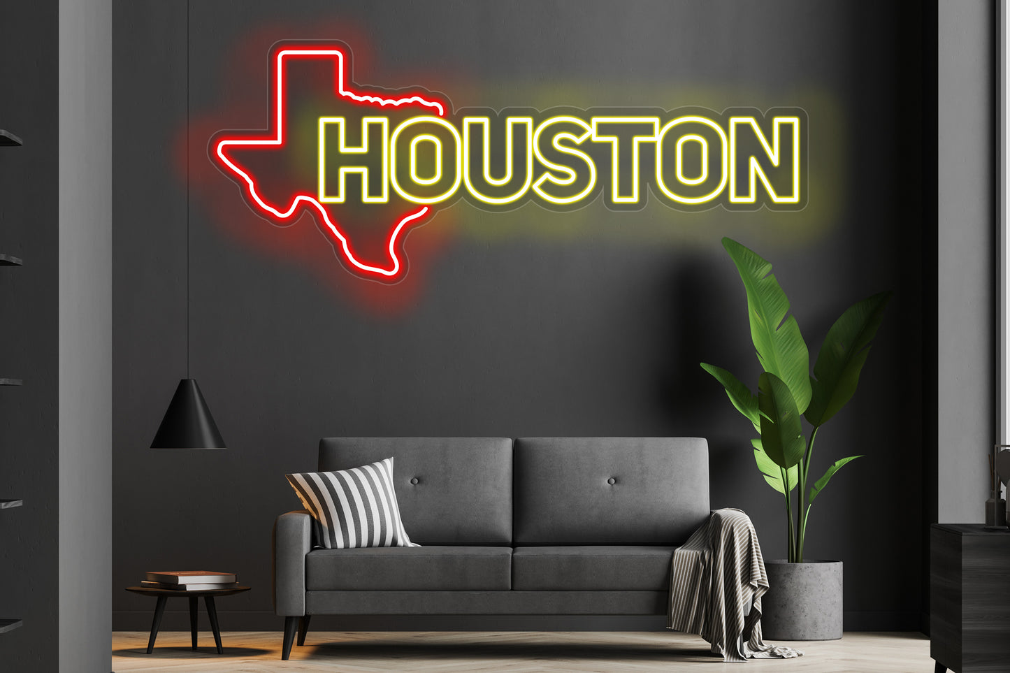 'City of Houston with Texas Outline' custom neon LED sign featuring a sleek and vibrant design, perfect for showcasing Texas pride in homes, offices, or event spaces.