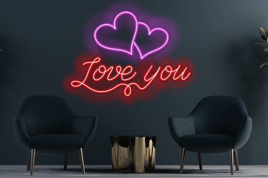 Love You with Hearts custom neon LED sign featuring glowing, romantic lettering and hearts, perfect for bedroom or anniversary decor.