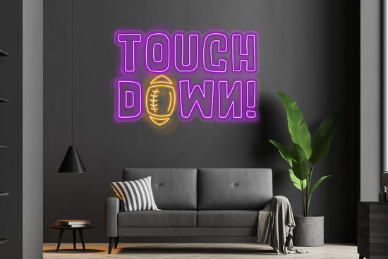 Touch Down Custom Neon LED Sign featuring bold text and a football-themed design, ideal for sports decor and game-day celebrations.